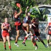Sawtell/Toormina playing coach Jim Angel takes a strong mark against Coffs Swans. Photo: Leigh Jensen / Coffs Coast Advocate