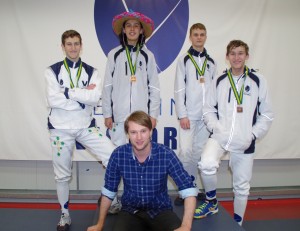 Junior Men's Sabre Team - Bronze.  Aron, Tim (Team Captain), Jasper & Alexander with their coach - Alex,  'All for One and One for All'  what was lost in technique was made up for in Spirit.
